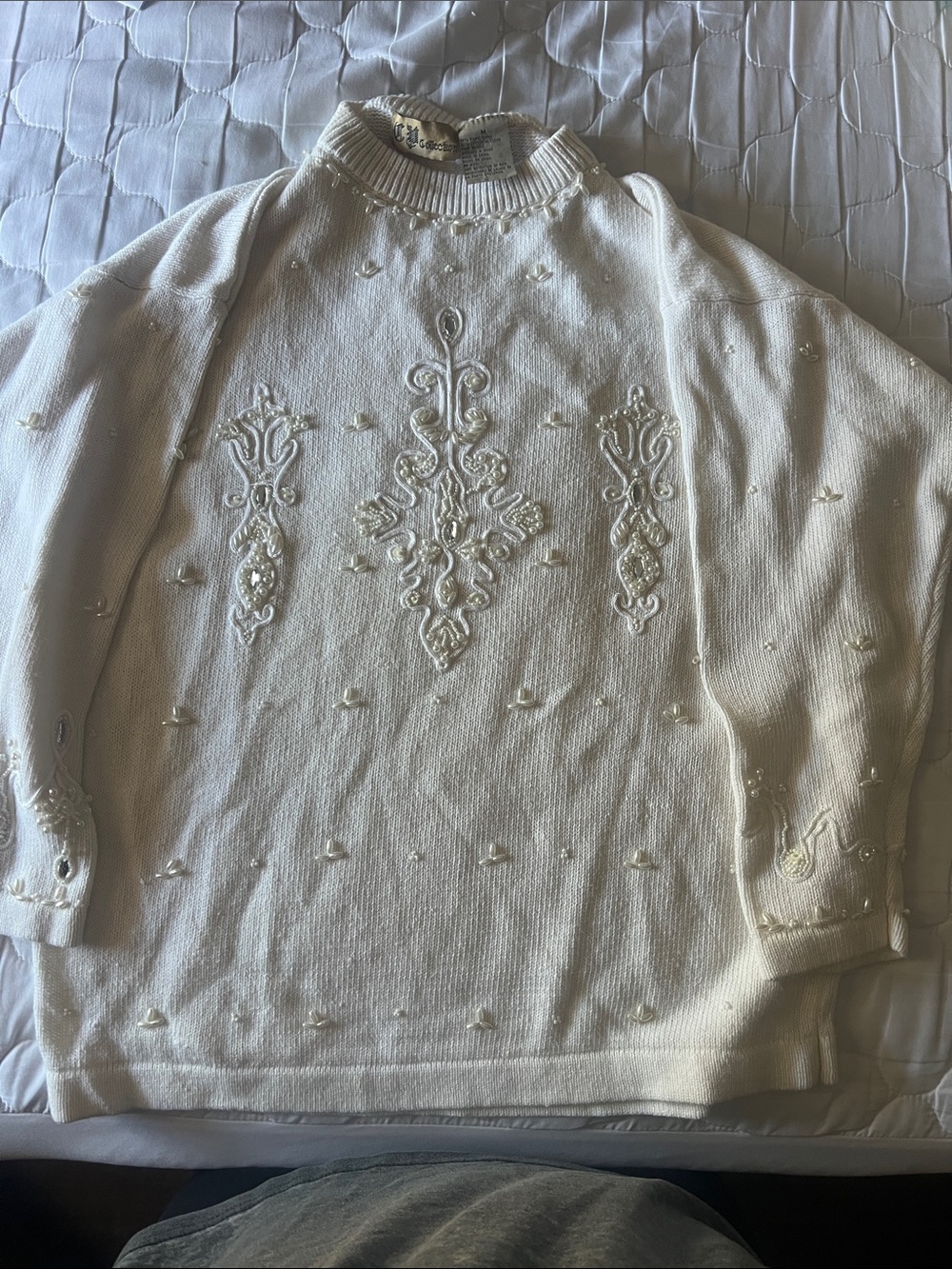 Cream Embellished Turtleneck Sweater